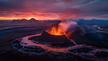 Aerial view of a volcanic eruption at sunset, with lava flows and a fiery sky