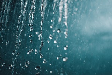 Close-up of falling water droplets against a blue blurred background