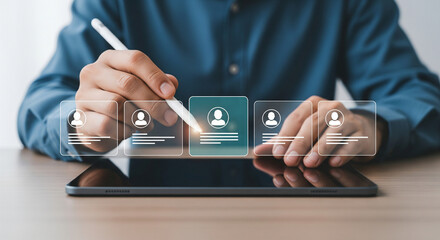 Person selecting a profile from a digital interface on a tablet, representing HR or recruitment.