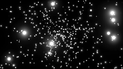 White glowing particles floating and emitting soft light over a deep black background. Minimal and elegant abstract fantasy scene, ideal for cinematic visuals and modern motion design.