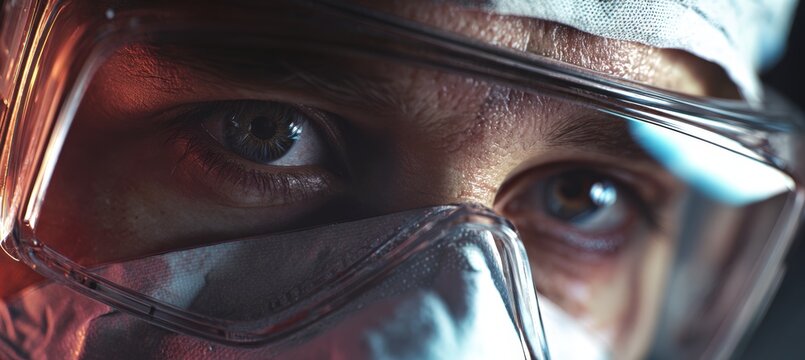 Close-Up of Scientist in PPE with Reflective Goggles in Cinematic Lighting - Powered by Adobe