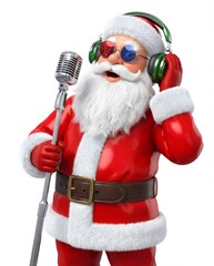 Festive Santa Claus Singing Karaoke with Green Headphones and 3D Glasses