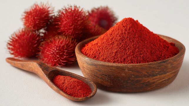 Natural red annatto powder in a rustic wooden bowl and spoon with fresh achiote fruits on a light background