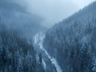 Tall conifer trees coated in snow line a winding river beneath a cold misty atmosphere.