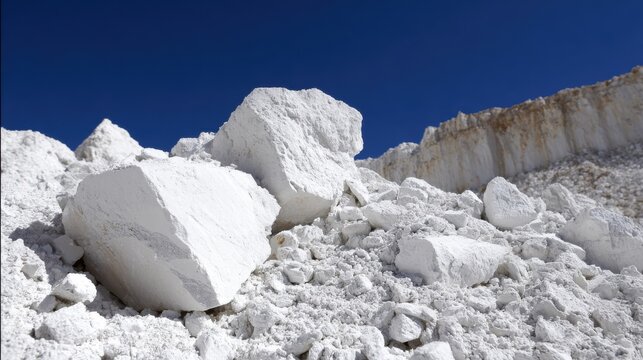 Pile of white industrial mineral chunks against a blue sky and distant quarry wall