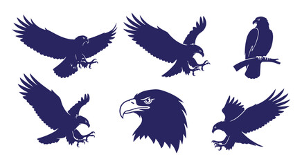 Eagle silhouettes set displaying flying, perched, and head profile views