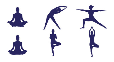 A collection of six yoga pose silhouettes illustrating different exercises