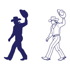 A walking cowboy in silhouette and outline form, lifting his hat in a friendly salute gesture