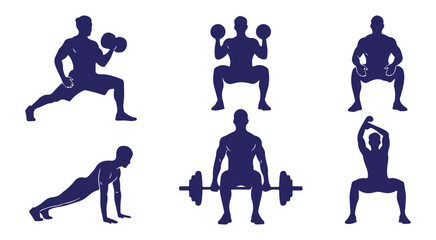 Collection of silhouette icons showing different types of strength training and bodyweight exercises