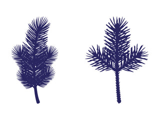 Two stylized evergreen sprigs in dark blue silhouette against a white background