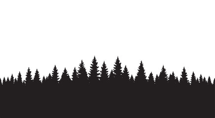 Black silhouette of a pine forest border on a solid white background