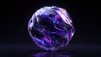 Abstract, glowing, orb of swirling iridescent liquid with purple and blue hues against a dark background