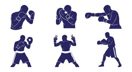 A collection of boxing silhouettes showing various fight poses and victory stance