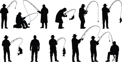 Fishing silhouettes collection with anglers catching fish using rods, standing sitting casting actions, outdoor leisure hobby concept isolated black figures