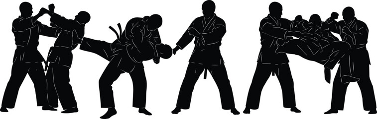 Martial arts silhouettes showing karate judo combat techniques, fighters training self defense sparring action isolated black figures illustration vector design