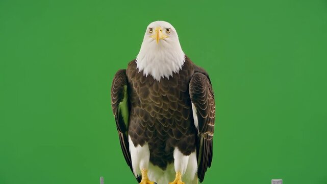 Medium shot of a bald eagle perched on a green screen, HD, 16x9 aspect ratio