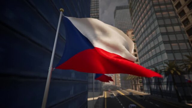 Czech national flag waving in daylight above a modern city skyline with urban buildings and clear sky.
