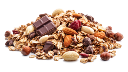 A pile of nuts and raisins with a chocolate bar