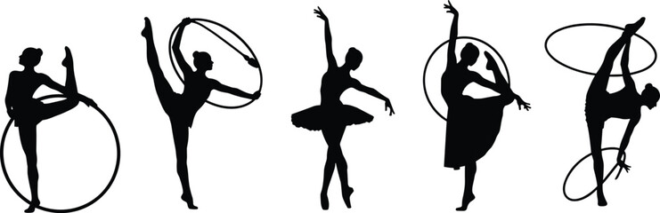 Rhythmic gymnastics and ballet dancer silhouettes performing elegant poses with hoops, artistic movement, flexibility strength isolated black figures © Amit World