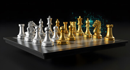 Gold and silver chess pieces arranged on board digital background