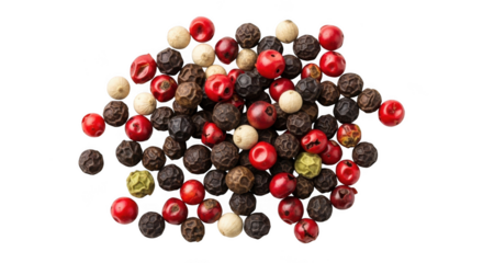 Close up of mixed peppercorns aromatic spice blend for culinary use transparent background black background