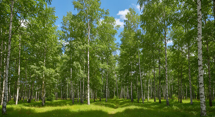 Lush green birch forest with a winding path birch trees