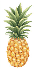 Vibrant ripe pineapple watercolor illustration, isolated tropical fruit with green leaves and golden yellow skin, healthy food concept.