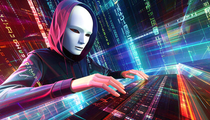 Ai robot wearing a dark hoodie and a face mask that leaves only the eyes shadowed. The hacker's hands are positioned over a computer keyboard, suggesting active typing.