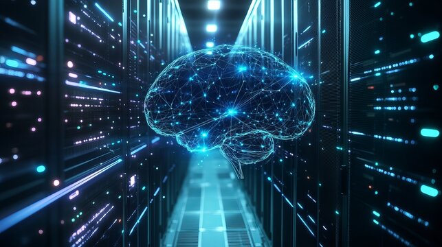 A futuristic digital brain glows brightly in a server room filled with rows of computer equipment and data storage units. - Powered by Adobe