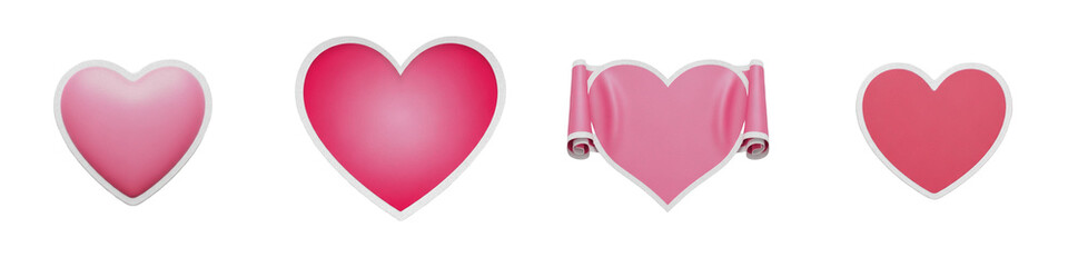 Pink Heart Shapes and Ribbon Set PNG, Realistic 3D Love Icons for Valentine's Day, Wedding, Romance Decor, Isolated on White Background Graphic Elements