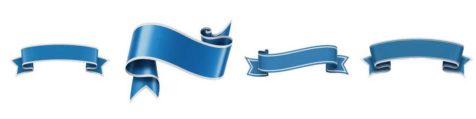 Blue Satin Ribbon Banner Set PNG, Realistic Glossy Silk Scroll Flag Elements for Premium Award, Celebration, Isolated on White Background Graphic Design