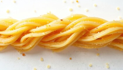 Cooked pasta strands form intricate braid. Yellow noodles seasoned with spices on white surface. Ready meal preparation, gourmet cuisine, carb loading. Italian cuisine staple, delicious dinner.