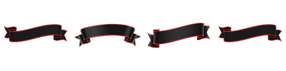 Black Silk Banner Ribbon Set with Red Trim, Realistic Satin Scroll Flag Elements for Premium Sale, Celebration, Header, Isolated on White Background PNG Graphics