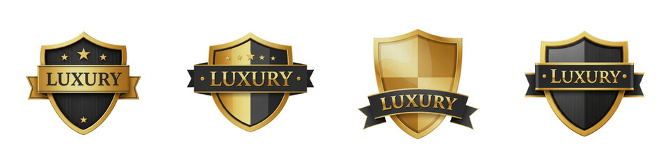 Luxury Gold and Black Shield Badges PNG, Isolated Vector Premium Quality Labels and Security Emblems with Luxury Ribbon on White Background, Heraldic Logo Design