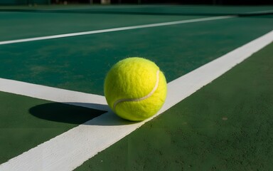 Bright yellow tennis ball resting on white boundary line of outdoor green tennis court under natural daylight with distinct shadow