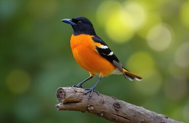 Obraz premium Baltimore oriole bird with black head, bright orange body rests on dead tree branch. Small passerine bird black wings with white stripes, yellowish tail. Bird watches intently in green blurry