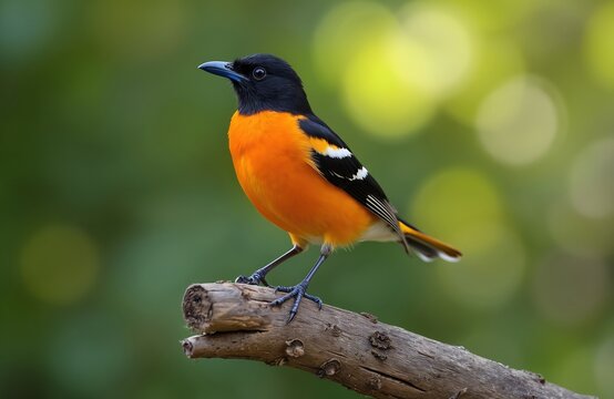 Baltimore oriole bird with black head, bright orange body rests on dead tree branch. Small passerine bird black wings with white stripes, yellowish tail. Bird watches intently in green blurry