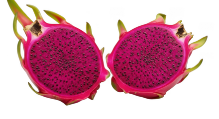 Vibrant red dragon fruit halves showing exotic seeds and texture isolated transparent background black background