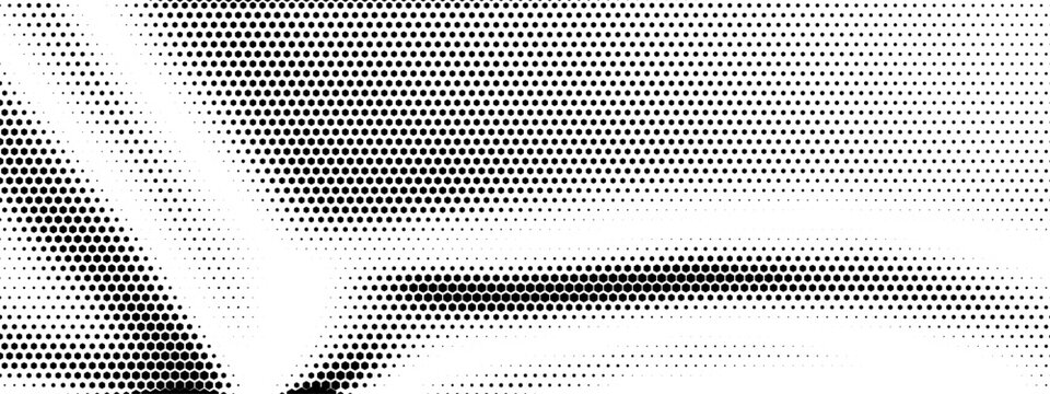 Halftone fade pattern with overlay hexagon corner and trail gradient dot. Honeycomb circle oscillation with minimal halftone half and blend flexible dinamic. Random design halftone.