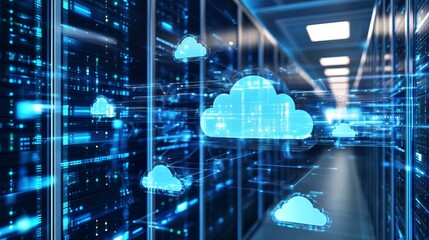 A futuristic server room with glowing blue clouds representing cloud computing and data storage