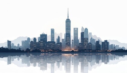 Fototapeta premium Modern city skyline with tall skyscrapers reflected in calm water. Urban landscape features business buildings and towers against a hazy mountain backdrop under a bright sky.