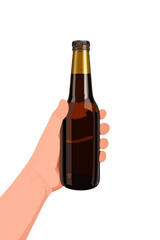 Hand holding brown beer bottle on white background