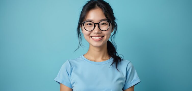 Young asian woman wears blue t-shirt and round glasses. She smiles happily against a plain blue studio background. Her dark hair is tied back neatly.