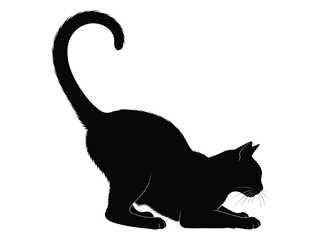 A sleek black cat silhouette stretching and preparing to pounce or walk