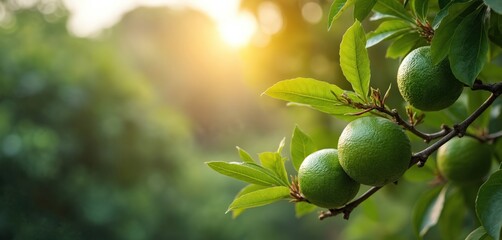 Green guavas grow on tree branch with leaves. Sunny day, natural farm environment. Ripe fruits on plant in orchard. Healthy food concept, summer harvest.