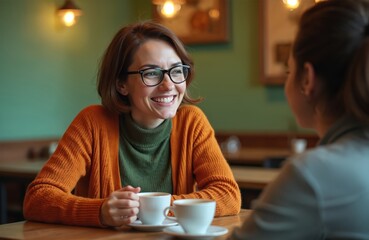 Two women friends chat over coffee cups at cafe table. One woman with glasses smiles broadly. Cozy indoor setting with warm lighting creates relaxed atmosphere. Discussing life matters casually,