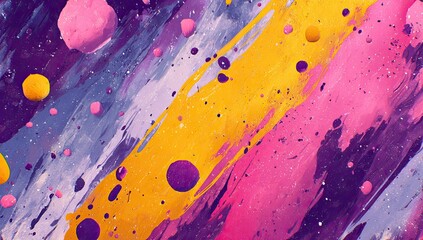 Abstract art piece showcasing colorful diagonal streaks of paint and scattered, three-dimensional orbs