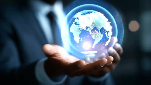 Access management specialist holding secure global industry symbols faceless professional defocused digital background identity verification systems authentication protocols