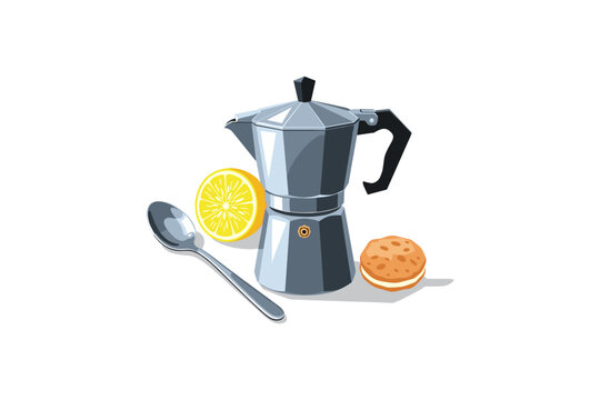 Bialetti espresso maker with lemon and cookie in modern digital art style