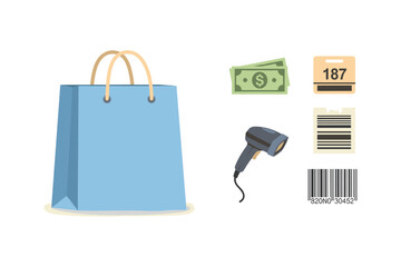 Shopping elements collection: bag, currency, tags, and barcode icons